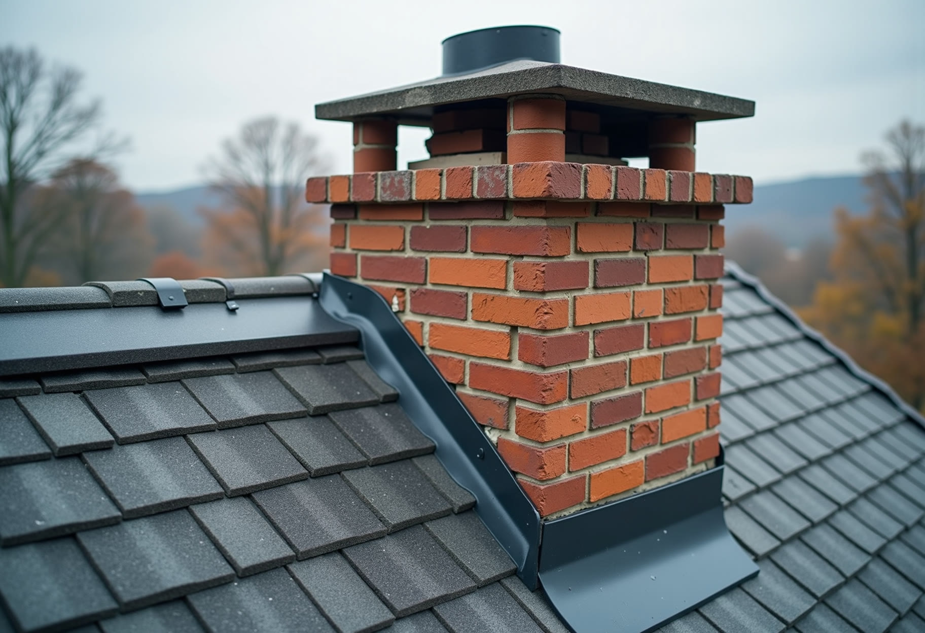 Chimney step flashing rebuilt on a brick two-story in Midwest City
